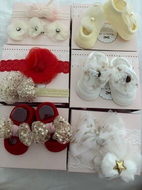 Baby Headbands & Booties Set with Red, White, Gold Accents